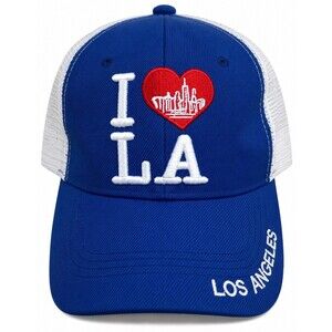I Love LA Los Angeles Trucker Hat Blue White Mesh Snapback Cap AHS